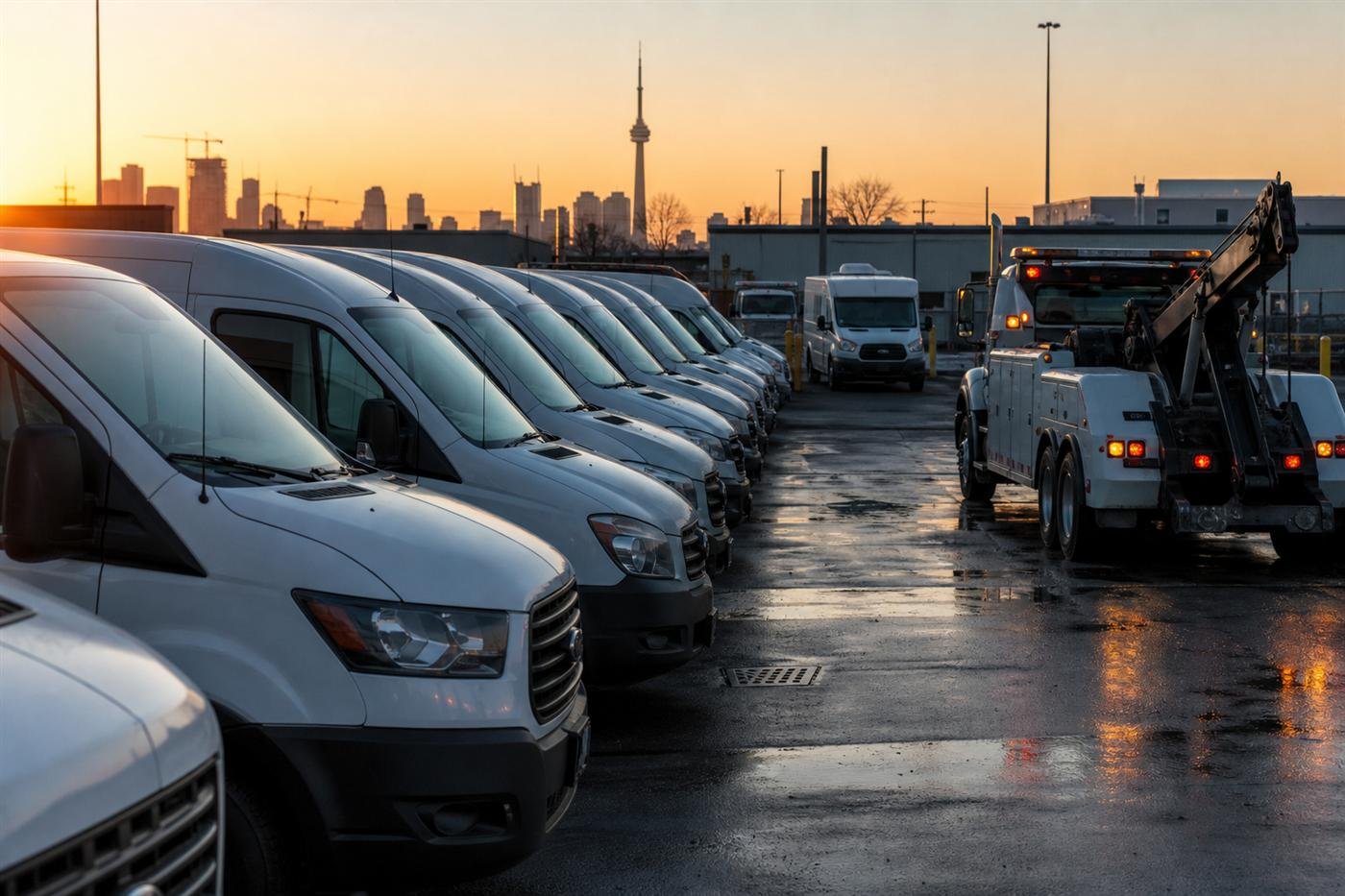 Commercial cargo vans in a fleet yard with towing support nearby