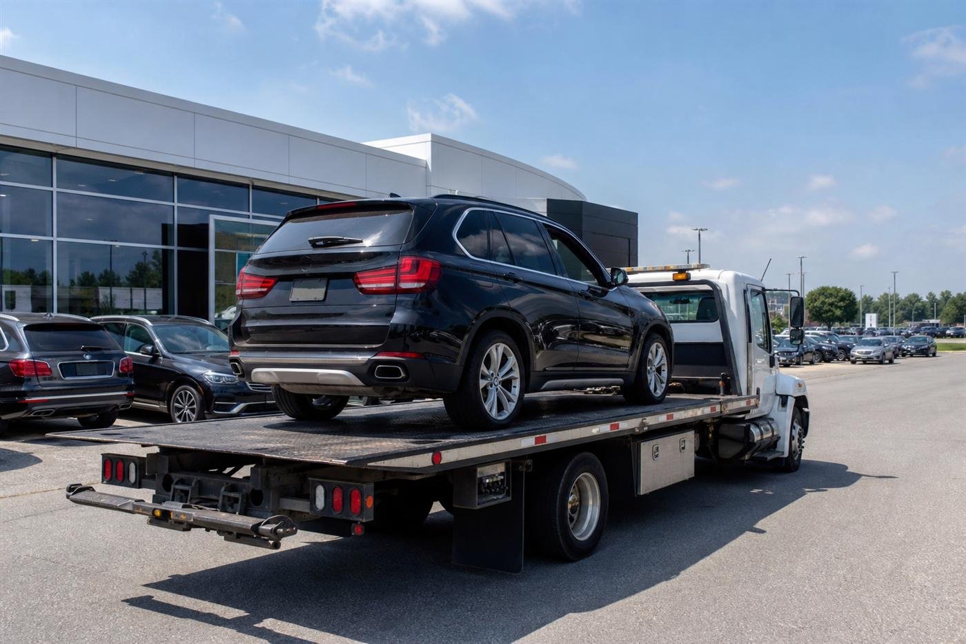 Flatbed truck preparing a scheduled vehicle pickup at a dealership
