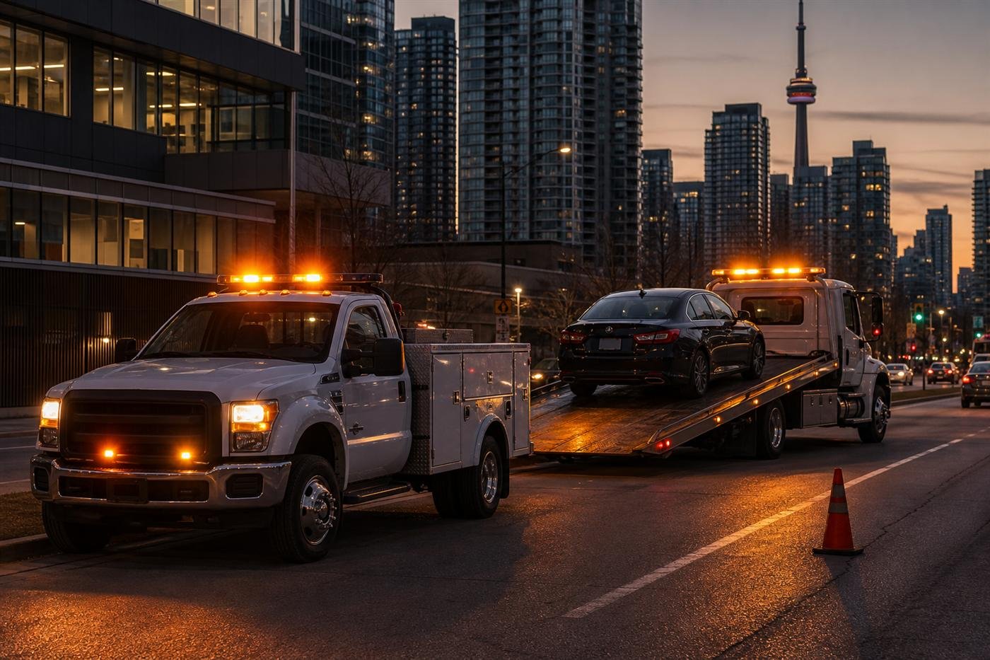 Roadside service truck and flatbed tow truck ready for dispatch