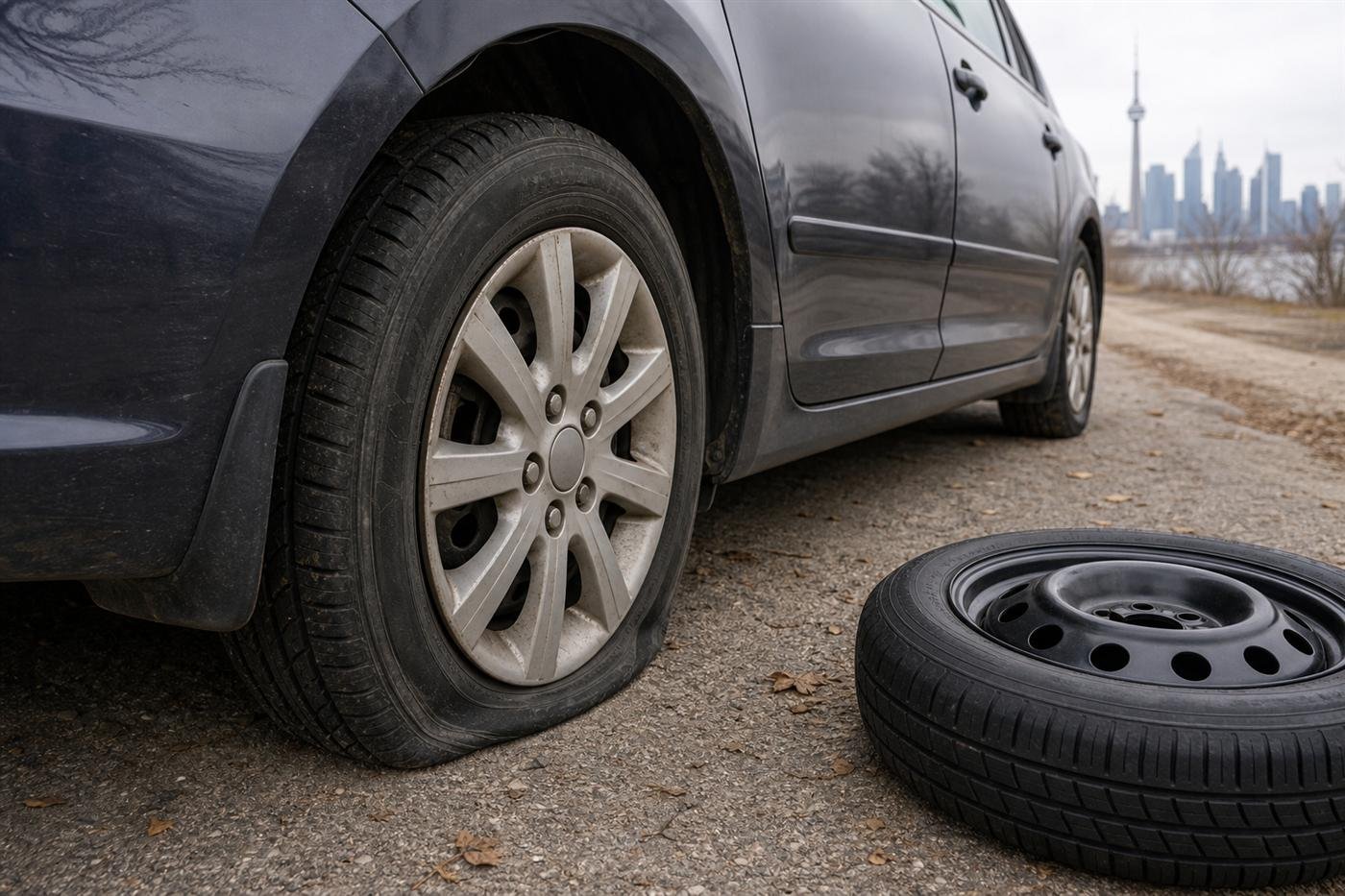 Flat tire on a passenger vehicle parked safely off the roadway